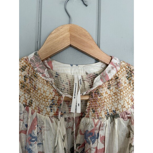 Anthropologie Top XXS Long Sleeve Smocked Lurex Bohemian Cream Pink Boho - Picture 4 of 8